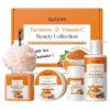 QUIYUM Turmeric Vitamin C Body Care Set - 4-in-1 with Scrub, Body Lotion, Moisturizing Stick & Handmade Soap, Bonus Bath Sponge | Exfoliating Hydrating for All Skin Types