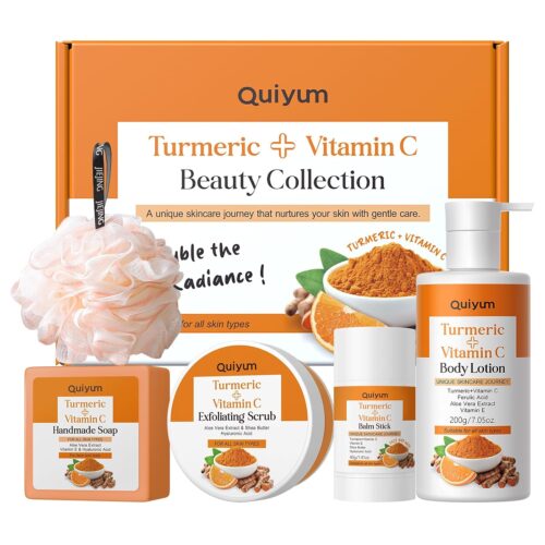 71bFGQz4lBL._SL1500_.jpg QUIYUM Turmeric Vitamin C Body Care Set - 4-in-1 with Scrub, Body Lotion, Moisturizing Stick & Handmade Soap, Bonus Bath Sponge | Exfoliating Hydrating for All Skin Types