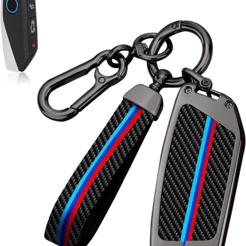 for BMW Key Fob Cover with Keychain, Carbon Fiber Metal Key Fob Case Fit for BMW 2025 2026 New X5 X7 7 iX X6 i5 M60 i7 Series, Full Protection Car Key Cover Shell Accessories for Man and Woman
