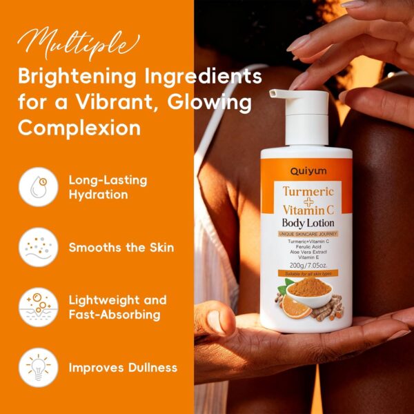 QUIYUM Turmeric Vitamin C Body Care Set - 4-in-1 with Scrub, Body Lotion, Moisturizing Stick & Handmade Soap, Bonus Bath Sponge | Exfoliating Hydrating for All Skin Types