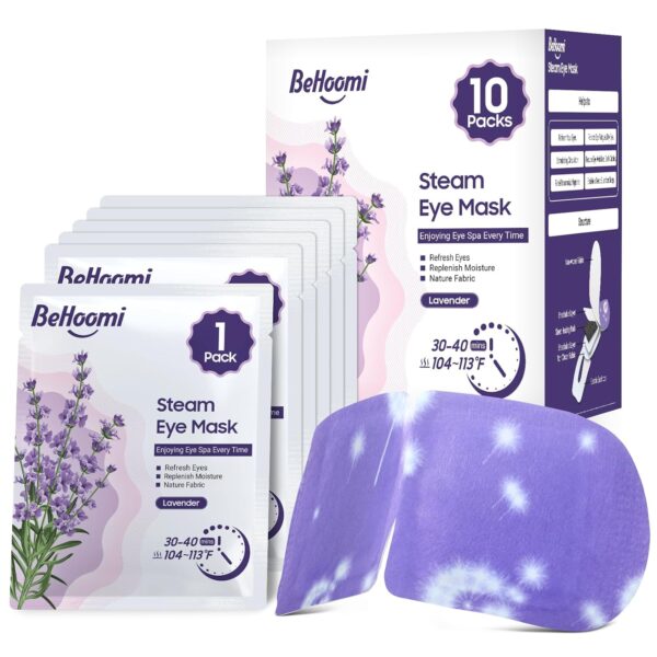 71ePyFqJpL._SL1500_.jpg BeHoomi Steam Eye Mask, 10Packs Heated Eye Mask, Self Heating Disposable SPA Warm Compress for Eyes Sleep Mask, Travel Essentials & Relaxation Gifts for Women (Lavender Scent)