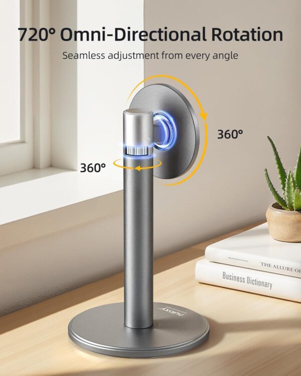 Nulaxy Magnetic Cell Phone Stand with 2 Metal Rings, 360 Rotating Fully Aluminum Smartphone Stand for Desk, Office Accessories Adjustable Phone Holder Compatible with All Phones MagSafe Case, Grey