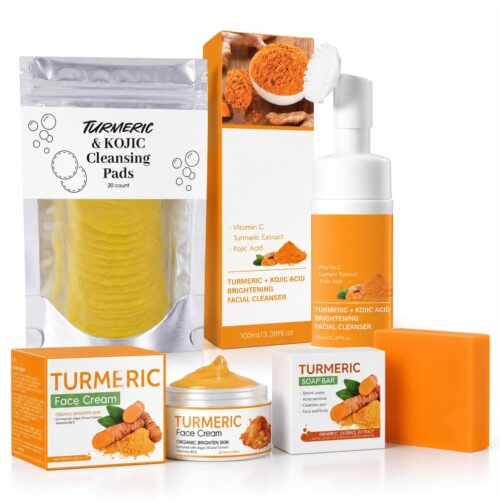 4-Piece Turmeric Skincare Set with Face Wash, Cream, Soap Bar, Bubble Net, Facial Cleanser for All Skin Types, Soothing Hydrating Formula