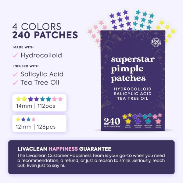71gd630pNHL._SL1500_.jpg Livaclean 240CT Star Pimple Patches for Face w/ Hydrocolloid, Tea Tree oil & Salicylic Acid - Zit Stickers, Hydrocolloid Acne Patches for Face - Cute Pimple Patch, Acne Stickers