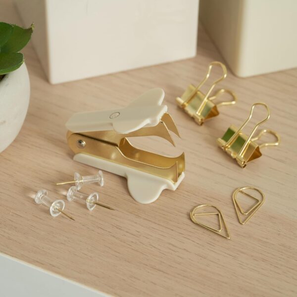71haFZCQ4HL._AC_SL1500_.jpg Aesthetic Desk Accessories Set - A Complete Desktop Organizer Set For Women Enhances Any Office Decor - An Office Supplies Kit w Gold Finish incl. Pen Holder, Scissors, Stapler, Tape Dispenser & More