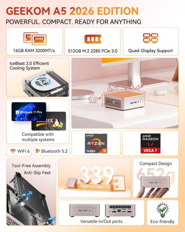 71iWM5DxwL._AC_SL1500_.jpg GEEKOM A5 Mini PC Business Idea Home Server/Light Gaming, AMD Ryzen 7430U, 16GB RAM(Expandable to 64GB), 512GB NVMe SSD, Windows 11 Pro Desktop Computer, Supports Quad Display/4K Video Streaming