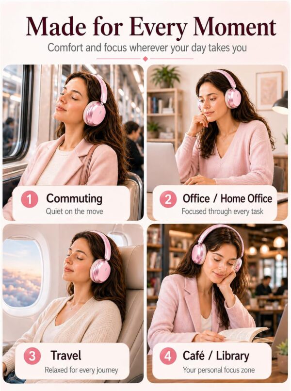 Wentronic Y05 Bluetooth Over-Ear Headphones with Active Noise Cancelling, Hi-Res Audio, 48H Playtime, Built-in Mic, Wired/Wireless, Works with iOS, Android & PC, Pink
