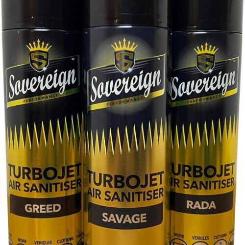 3 x Sovereign Designer Fragrances Savage Greed RADA Car Home Office Gym Turbojet Air Sanitiser Freshener Blast Spray Cans 500ml Bundle