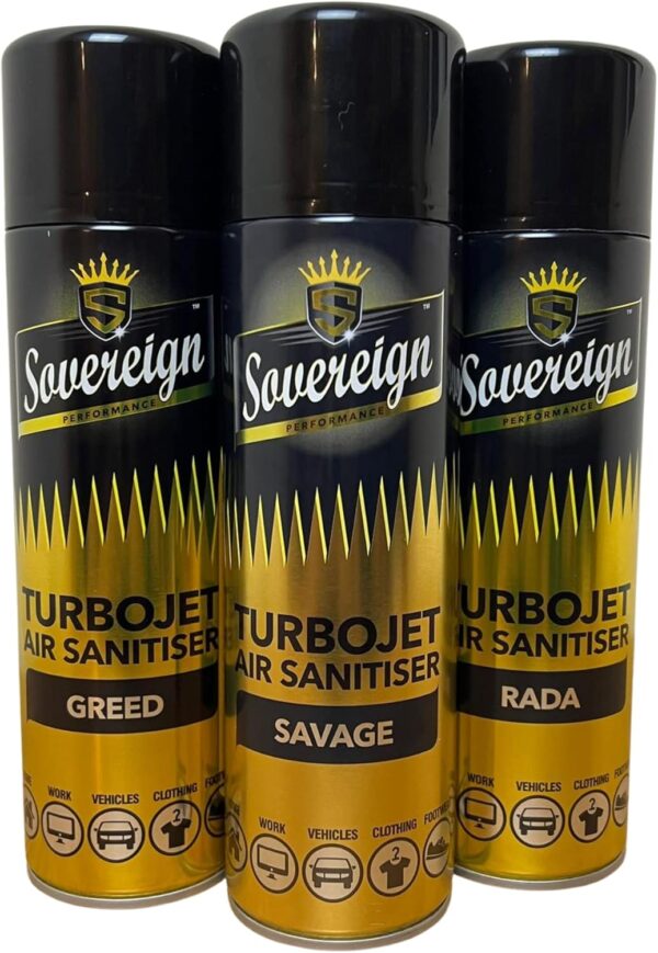 71iDhl8halL._AC_SL1500_.jpg 3 x Sovereign Designer Fragrances Savage Greed RADA Car Home Office Gym Turbojet Air Sanitiser Freshener Blast Spray Cans 500ml Bundle