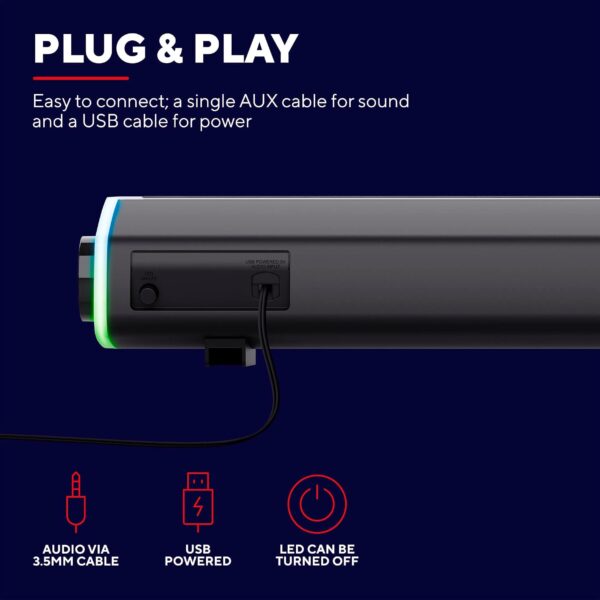 71iGhnBxSeL._AC_SL1500_.jpg Trust Gaming GXT 620 Axon RGB Illuminated Soundbar 12W, USB Powered, 3.5mm AUX, PC Speaker for Computer, Laptop, Smartphone, Tablet, TV - Black