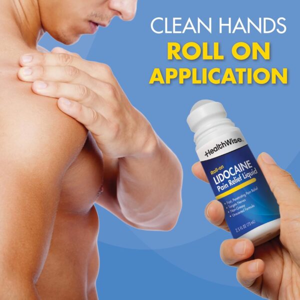 71ifyNhvQUL._AC_SL1500_.jpg HealthWise 4% Lidocaine Roll-On | OTC Strength | Pain Relief Liquid | 2.5 oz. 73 mL | Non-Greasy, Unscented Formula | Topical Anesthetic