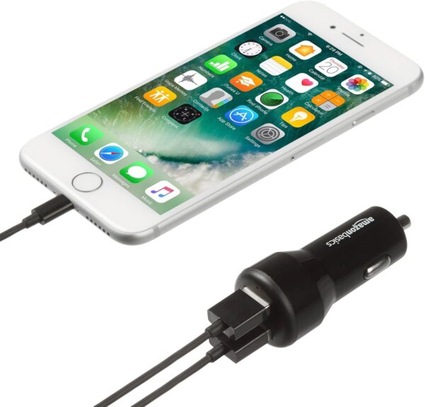 Amazon Basics Dual-Port USB Car Charger Adapter for Apple and Android Devices, 4.8 Amp, 24W, Black