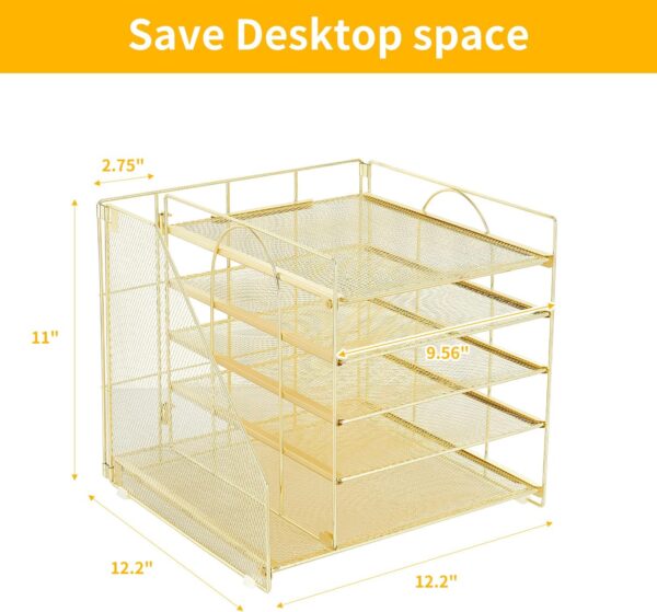 71jBKCQdBxL._AC_SL1500_.jpg LEKETREE Desk Organizers with File Holder, 5-Tier Paper Organizer Letter Tray with Sliding Drawer and Extra Pen Holder, Mesh Desktop File Organizer for School Office Supplies (Gold)