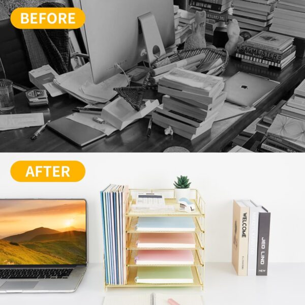 71jrUjBwROL._AC_SL1500_.jpg LEKETREE Desk Organizers with File Holder, 5-Tier Paper Organizer Letter Tray with Sliding Drawer and Extra Pen Holder, Mesh Desktop File Organizer for School Office Supplies (Gold)