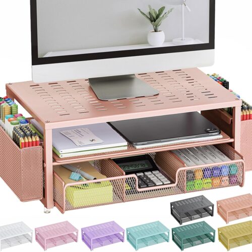 71jxXszVpHL._AC_SL1500_.jpg gianotter Desk Computer Monitor Stand with Drawer and 2 Pen Holders, Desk Organizer for Women, Home Office Essentials (Rose Gold)
