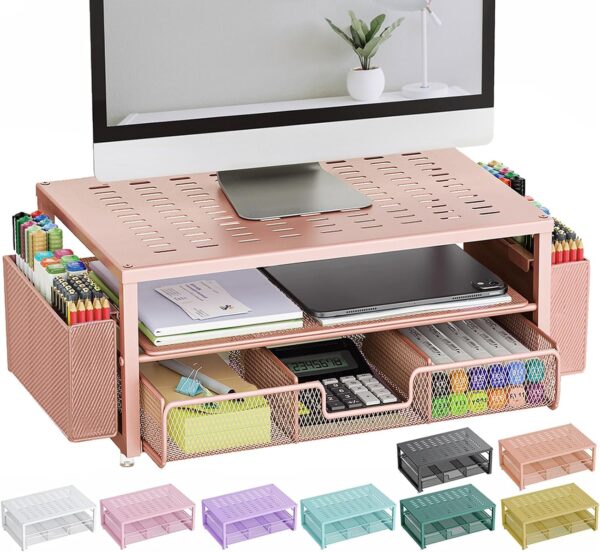 gianotter Desk Computer Monitor Stand with Drawer and 2 Pen Holders, Desk Organizer for Women, Home Office Essentials (Rose Gold)