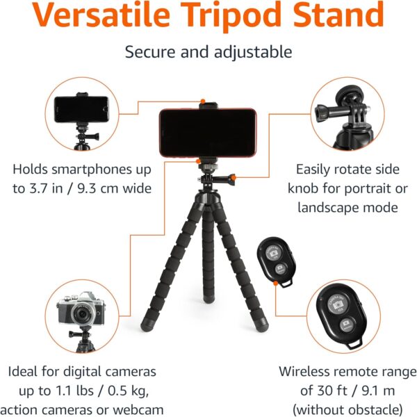 71kU21jitZL._AC_SL1500_.jpg Amazon Basics Portable and Flexible Tripod 25cm/10inch with Wireless Remote and Phone Holder, Black