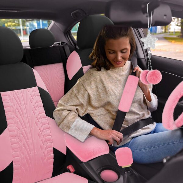17 Car Seat Cover Full Set for Women, Universal Car Seat Cover, Plush Steering Wheel Cover, Fluffy Soft Wool Handbrake Gear, Suspension Accessories Full SUV(Patterned Pink)