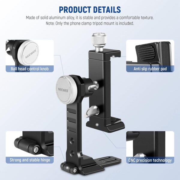 71lu3nWVHoL._AC_SL1500_.jpg NEEWER Smartphone Tripod Mount Aluminum Alloy, 360° Rotatable Phone Stand Holder Clamp with Cold Shoe & Arca Type Base Compatible with iPhone 15 Pro Max Galaxy S24 Ultra Pixel & 2.6"-4" Wide Phones