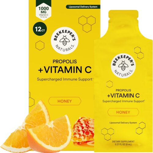 Propolis Liposomal Vitamin C by Beekeeper's Naturals, 1000mg Vitamin C, Propolis & Honey, Supercharged Immune Support & Increased Bioavailibity for Max Absorption, 12 Ct