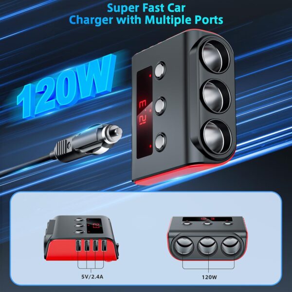 71mDb7EgyWL._AC_SL1500_.jpg SONRU 120W Fast Car Charger Adapter, Cigarette Lighter Usb Charger,12/24V Multi Sockets Cigarette Lighter Adapter & Splitter, Double Plug Port in Car Charger For iPhone/Samsung & All Car Devices
