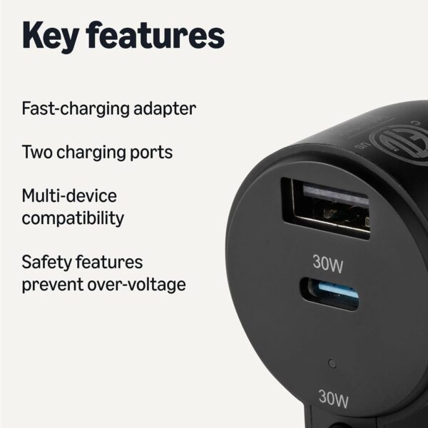 Amazon Basics Fast-Charging Car Charger for Phone and Tablet, 1 USB-C+1 USB-A +1 Built-in 1.5m Coiled Cable USB-C, 60w, Black