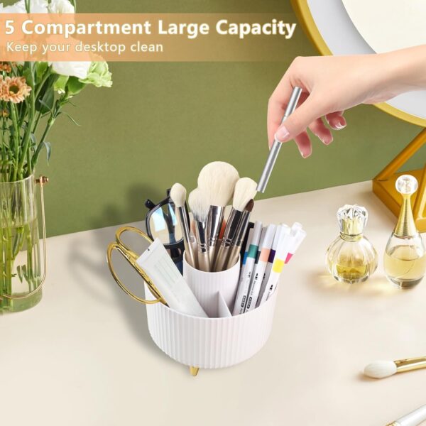 71n9eVRLFVL._AC_SL1500_.jpg Desk Organisers Pen Holder 360° Rotating Makeup Organiser Stationary Desk Organisers with 5 Compartments Pen Pot for Home Office School Classroom, White