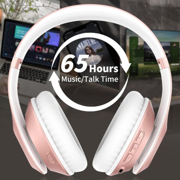 Wireless Bluetooth Headphones Over Ear 65H Playtime HiFi Stereo Headset with Microphone and 6EQ Modes Foldable Bluetooth V6.0 Headphones for Travel Smartphone Computer Laptop Rose Gold