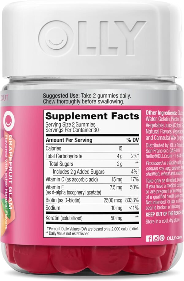OLLY Hair Skin and Nails Gummies - Undeniable Beauty with Biotin 2500mcg Per 2 Gummies, Keratin & Vitamin C - Supports Healthy Hair, Skin, & Nails - Grapefruit Flavor - 60 Count