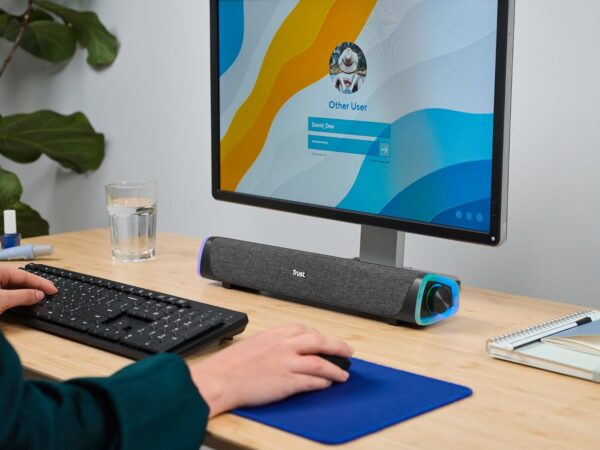 71oeFZEuJFL._AC_SL1500_.jpg Trust Liro Soundbar PC Speaker 12W, Compact Stereo Sound Bar with RGB LED Lights, 3.5mm AUX Cable Connection, USB Powered PC Speakers for Computer Laptop Desktop Tablet Smartphone TV, Black