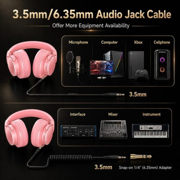 71q6vsWS4kL._AC_SL1254_.jpg syndesmos Wireless Over Ear Bluetooth Headphones, Studio Monitor & DJ Headphones with 50mm Drivers, 100H Playtime, 1/4" to 3.5mm Wired Audio Jack for Mixing, Recording, Guitar Amp, Podcast, Pink