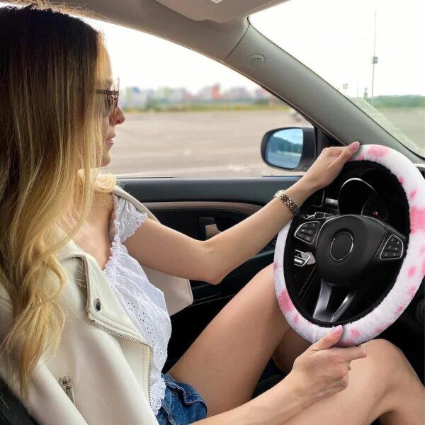 JINGSEN11 11-Piece Fluffy Car Accessories Set - Plush Steering Wheel Covers, Soft Fleece Handbrake & Shift Covers, Non-Slip Car Trim Decorations (Pink)