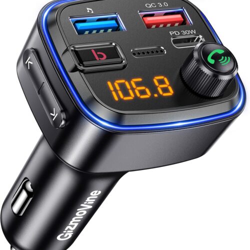 71qgT1P2PWL._AC_SL1500_.jpg GizmoVine Bluetooth Car Adapter, FM Transmitter with Bass Boost, Wireless Hands-Free Call Kit, Audio Receiver, USB C QC PD 30W Fast Charger, 12V Cigarette Lighter, U Disk MP3 Music Player