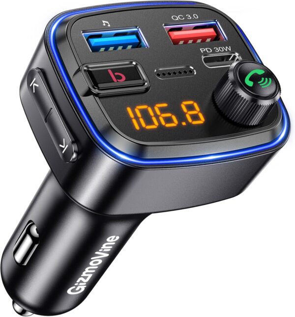 GizmoVine Bluetooth Car Adapter, FM Transmitter with Bass Boost, Wireless Hands-Free Call Kit, Audio Receiver, USB C QC PD 30W Fast Charger, 12V Cigarette Lighter, U Disk MP3 Music Player