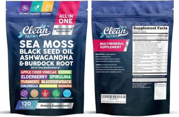 71qyRkx4hUL._AC_SL1280_.jpg Clean Nutraceuticals Sea Moss Black Seed Oil Ashwagandha Turmeric Bladderwrack Burdock & Vitamin C Vitamin D3 with Elderberry Manuka Dandelion (120 Count (Pack of 1))