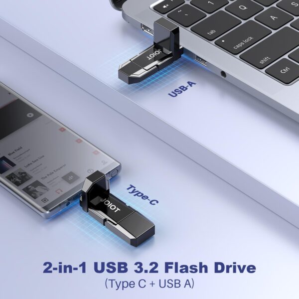 JOIOT USB C Flash Drive 256GB Up to 450MB/s Dual Type-C & USB-A USB 3.2 Solid State Drive USB-C Thumb Drive Compatible with iPhone 15/16 Series Smartphone Tablet Laptop Car Smart TV Game Console