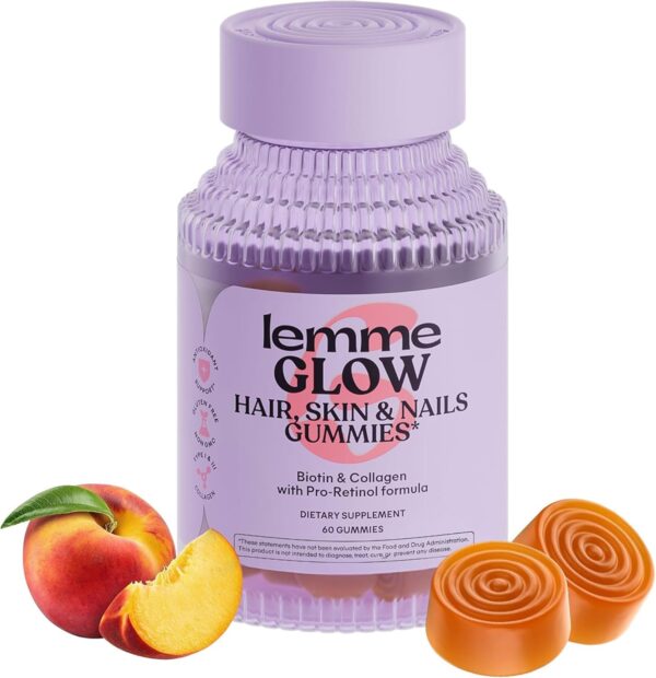 71s7WxxMpjL._AC_SL1500_.jpg Lemme Glow Collagen Gummies for Thick Hair, Strong Nails & Healthy Skin with Multi-Collagen Peptides, Biotin, Trace Minerals, Zinc, Vitamins A, C & E, Dairy & Gluten Free, Peach Flavor, 60 ct.