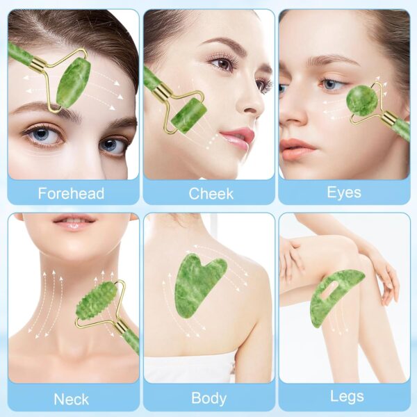 Jade Roller & Gua Sha Set 5-in-1, Full Body Massage Tools | Gua Sha Facial Tool Set Portable cooling Xiuyan Jade design for skincare, travel and gifting.