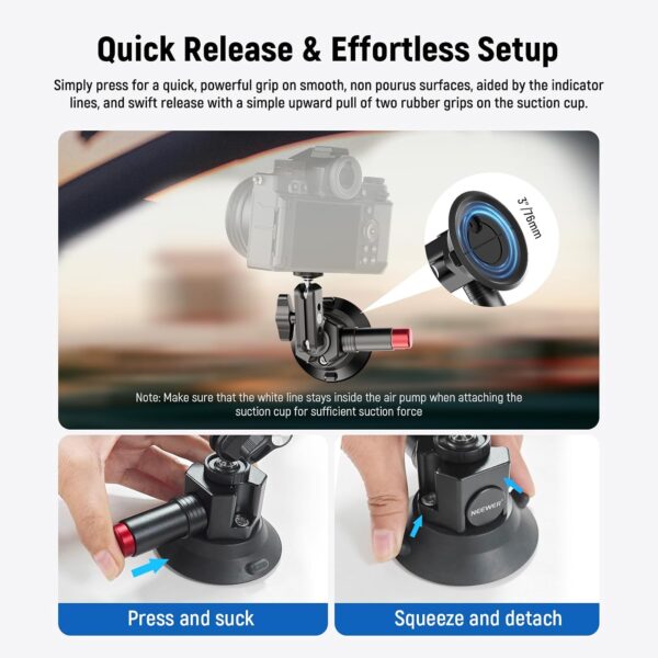 71uZcqTPqOL._AC_SL1500_.jpg NEEWER 3" Suction Cup Camera Mount Bracket with Ball Head Magic Arm, 1/4" ARRI Holes, Quick Release Car Mount with Holder & Action Cam Adapter Compatible with DJI Insta360, CA104