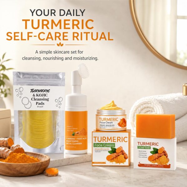 71vDeHaQkoL._SL1254_.jpg 4-Piece Turmeric Skincare Set with Face Wash, Cream, Soap Bar, Bubble Net, Facial Cleanser for All Skin Types, Soothing Hydrating Formula