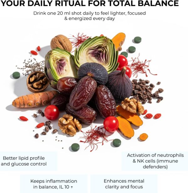 71vNvFo0prL._AC_SL1500_.jpg Essence | Daily Fermented Superfood Shot for Gut Health, Immunity & Natural Energy | 16 Organic Ingredient | 7-Stage Cascade Fermentation | Vegan, Non-GMO, Gluten-Free| 0.68 fl oz(20 Bottle)