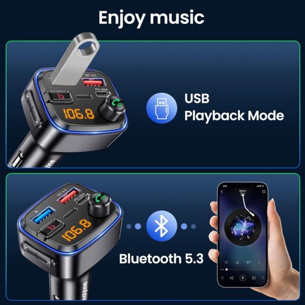 GizmoVine Bluetooth Car Adapter, FM Transmitter with Bass Boost, Wireless Hands-Free Call Kit, Audio Receiver, USB C QC PD 30W Fast Charger, 12V Cigarette Lighter, U Disk MP3 Music Player
