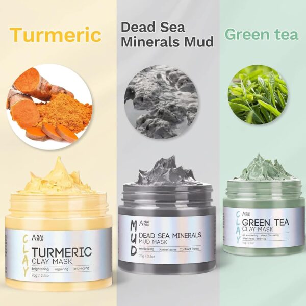 71x82pmwKxL._SL1500_.jpg ANAI RUI 3 Pcs Face Mask Set - Turmeric Clay Mask - Green Tea Face Mask - Dead Sea Mud Mask for Oily Skin, Blackheads & Pores -Spa Gift Set Self Care for Women Teens 2.5 oz Each