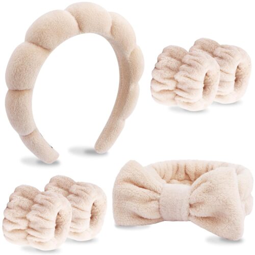 71xNmv-XDfL._SL1500_.jpg VELSCRUN 6 Pack Spa Headband, Makeup Headband, Face Wash Headbands, Skincare Headbands, Brown Sponge Hair Band Bow Tie Spa Head Band for Washing Face Wristband Set Hair Accessories for Women
