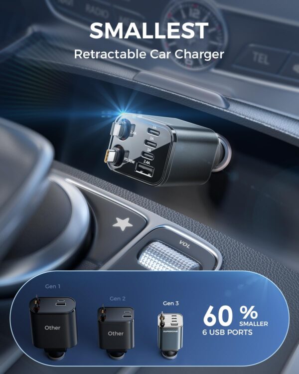 SUPERONE Retractable Car Charger, [Ultra-Compact] 6-Port Car Charger USB C, Phone Car Chargers Fast Charging with USB C & Apple Cable, Car Accessories Phone Chargers for 17/16/15/14/13/12 Series