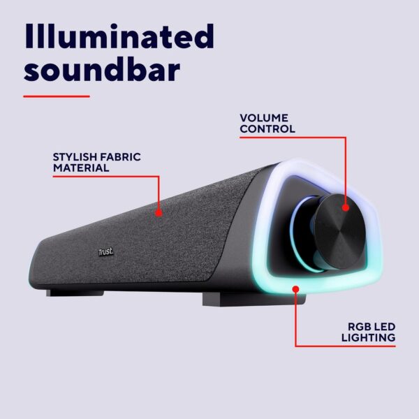 71xtmFxotCL._AC_SL1500_.jpg Trust Liro Soundbar PC Speaker 12W, Compact Stereo Sound Bar with RGB LED Lights, 3.5mm AUX Cable Connection, USB Powered PC Speakers for Computer Laptop Desktop Tablet Smartphone TV, Black
