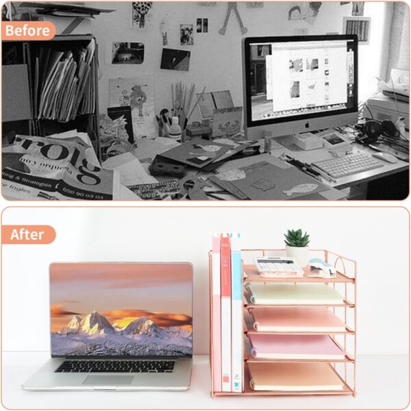 71y2IkuMibL._AC_SL1500_.jpg LEKETREE Desk Organizer with 5-Tier Paper Letter Tray and File Holder, Desktop Accessories for Office Supplies & Workspace (Rose Gold)