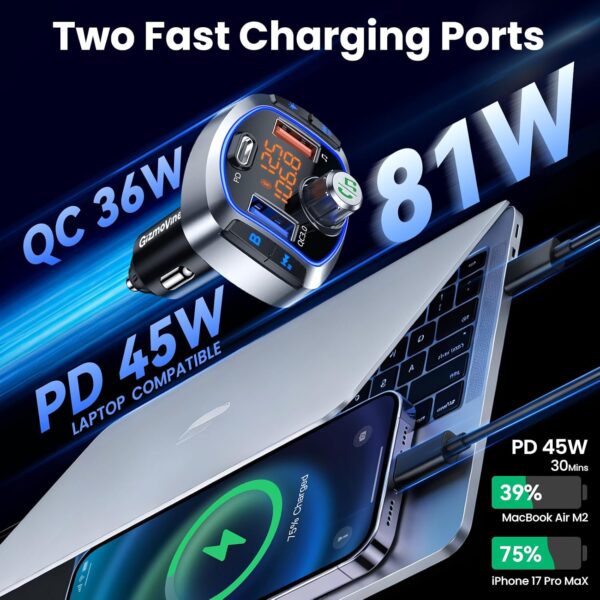 GizmoVine FM Transmitter for Car with 81W Fast Charge (PD 45W & QC3.0 36W), Bluetooth 5.4 Wireless Radio Adapter, Hands-Free Calling, Siri/Google Assistant, Bass Boost & LED Backlit
