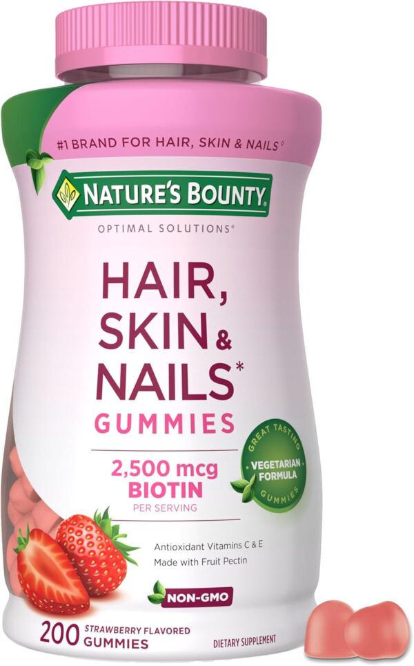 71yo5Fhun6L._AC_SL1500_.jpg Nature's Bounty Optimal Solutions Hair, Skin and Nails Pectin Gummies, 2500 mcg Biotin Per Serving, No Stick Gummy, Vegetarian Formula, Strawberry Flavor, 200 count, 100 Total Servings