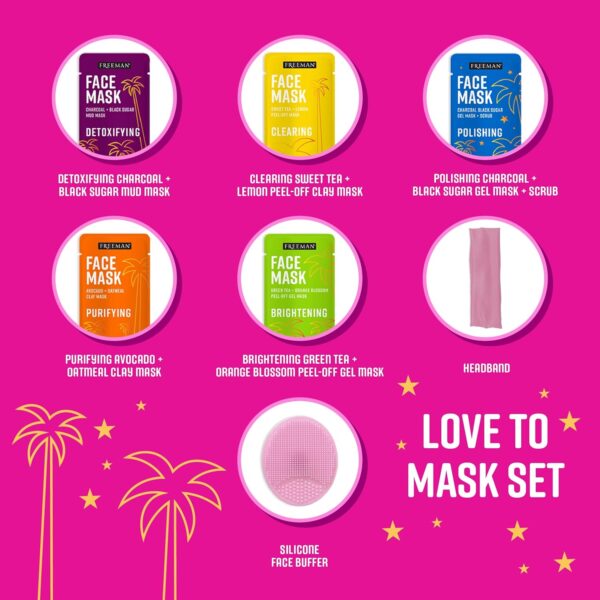 Freeman 14 Piece Love To Mask Variety Pack, Facial Masks For All Skin Types, Hydrate, Detoxify, & Clear Skin, Exfoliating Scrub, Bonus Headband and Skin Buffer, Face Masks Are Cruelty-Free & Vegan